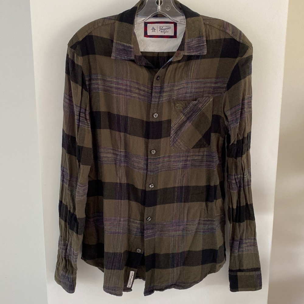 ORIGINAL PENGUIN soft light flannel shirt olive black S